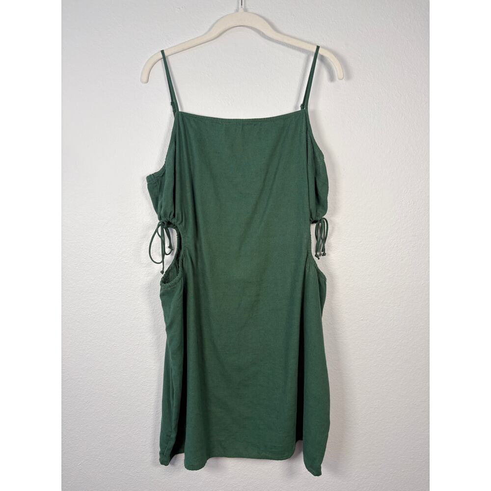 Aerie Natural Linen Blend Sycamore Green Square Neck Side Cut Out Mini Sun Dress - Picture 2 of 14